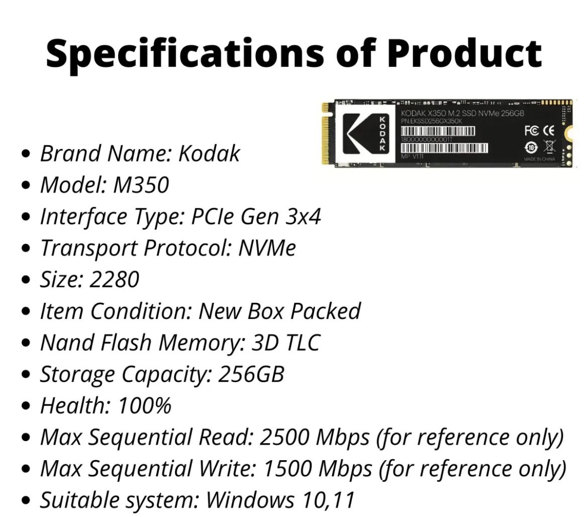 Kodak SSD NVME M2 256GB Drive Solid Hard 2280 M.2 PCIe 3.0 Disk Internal Solid State For Laptop Tablets Desktop